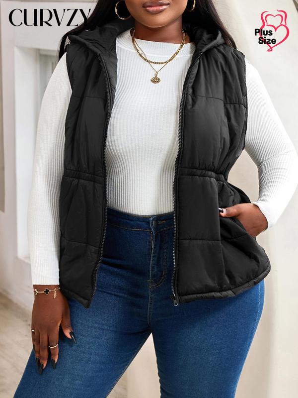 CURVZY Plus Size Solid Pocket Zipper Hooded Vest Coat, Casual Sleeveless Outerwear for Fall & Winter, Women's Clothes for Daily Wear