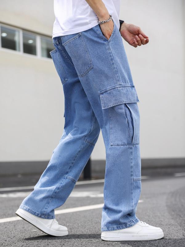 Casual Cargo Pants High Waist Straight Leg Denim Jeans with Pockets