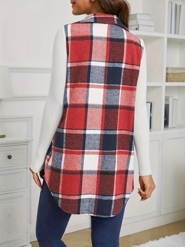 Women's Plaid Print Button Front Fake Pocket Design Vest Coat, Casual Sleeveless Collared Outerwear for Outdoor Sports, Ladies Sportswear for All Seasons