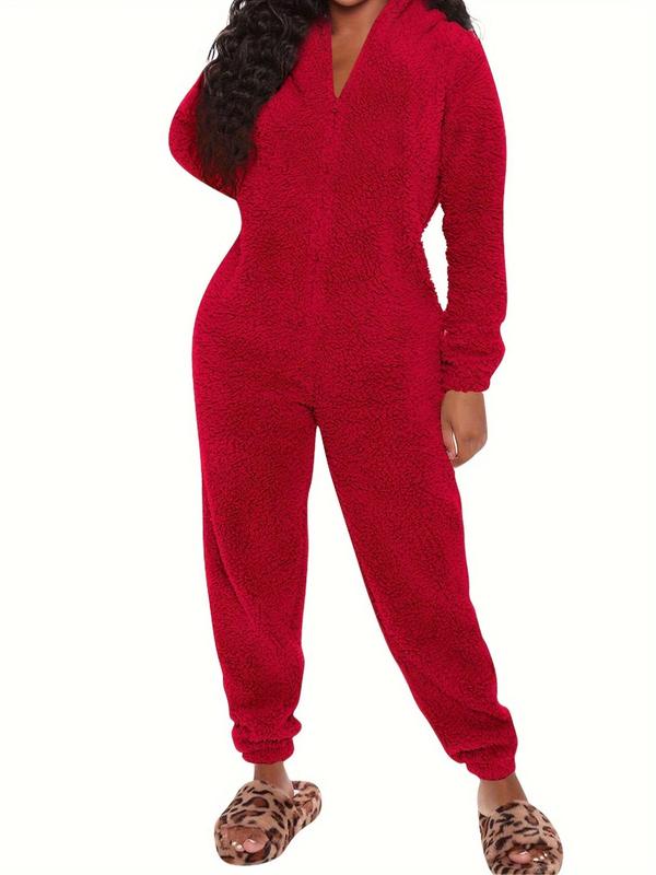 Women's Solid Zipper Hooded Plush Pajama Jumpsuit, Casual Long Sleeve Teddy Bear Ear Design Jumpsuit for Fall & Winter, Women's Sleepwear for Indoor Wear, Fluffy Pajamas Onesies Pajama