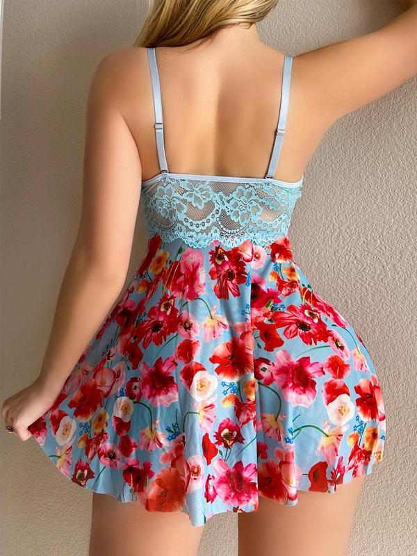 Women's Floral Print Bow Front Contrast Lace Cami Nightdress, Chic Sheer Spaghetti Strap Nightgown, Ladies Sleepwear for All Seasons