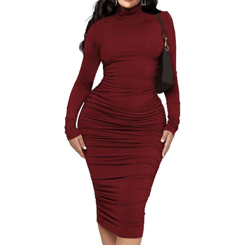 Women's Ruched Bodycon Midi Dress Mock Neck Long Sleeves Party Club Dresses