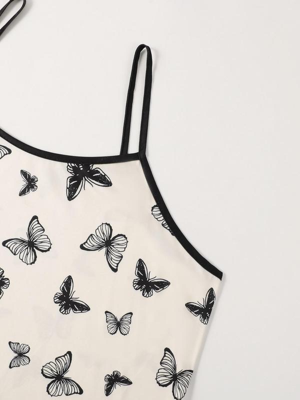 Plus Size Butterfly Print Contrast Binding Lettuce Trim Cami Nightdress, Casual Soft Comfortable Spaghetti Strap Sleeveless Nightgown for Women, Women's Plus Sleepwear for All Seasons