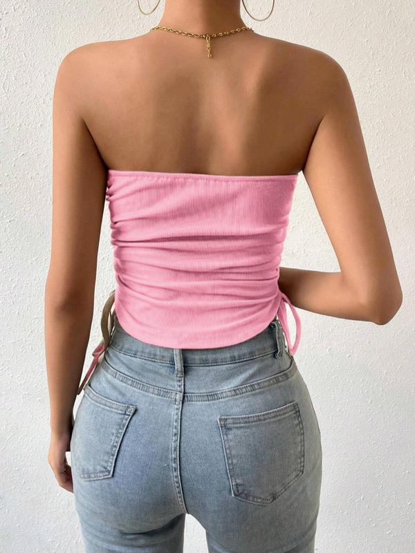 Women's Solid Ruched Drawstring Side Backless Tube Top, Casual Sleeveless Strapless Top for Summer, Ladies 90s Clothes for Daily Wear