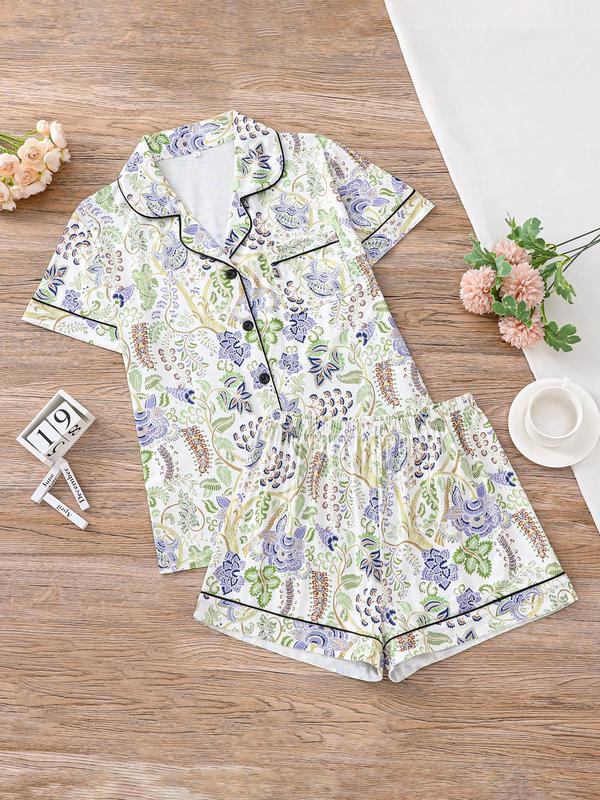 Two Pieces Women's Button Front Shirt & Elastic Waist Shorts Pyjama Set, Short Sleeve Lapel Top & Pj Pants Set, Homewear & Loungewear, Pajamas for Women, Back-to-school Clothing, Summer Wear 2024, Pj Sets for Women, Please Purchase A Size Up