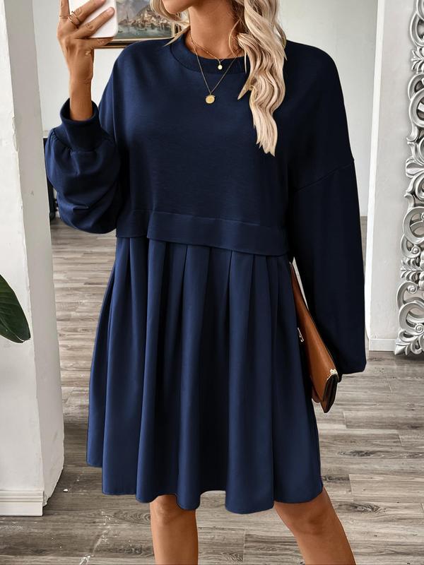 Women's 2 in 1 Patchwork Pleated Drop Shoulder Sweater Dress, Casual Long Sleeve Round Neck Short Dress for Spring & Fall, Women's Clothing for Daily Wear