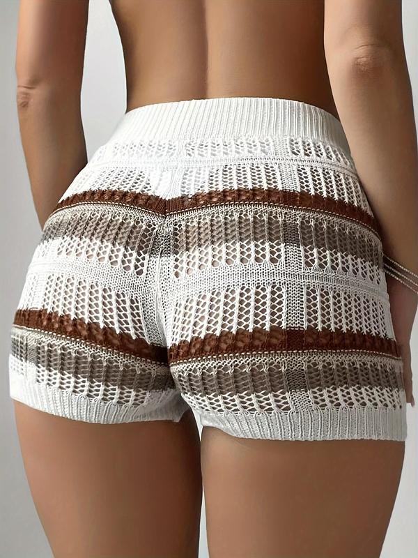 Women's Striped Print Drawstring Waist Sweater Shorts, Casual Hollow Out Knit Shorts for Summer, Women's Bottoms for Daily Wear