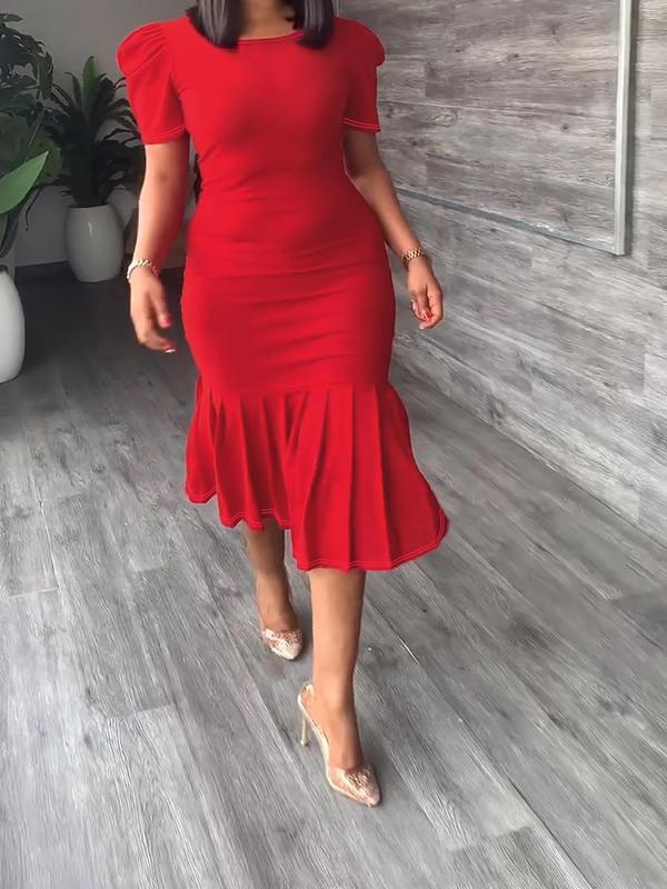 Plus Size Solid Ruched Pleated Puff Sleeve Bodycon Dress, Elegant Round Neck Short Sleeve Midi Dress for Party Holiday Wedding Guest, Women's Clothes for All Seasons