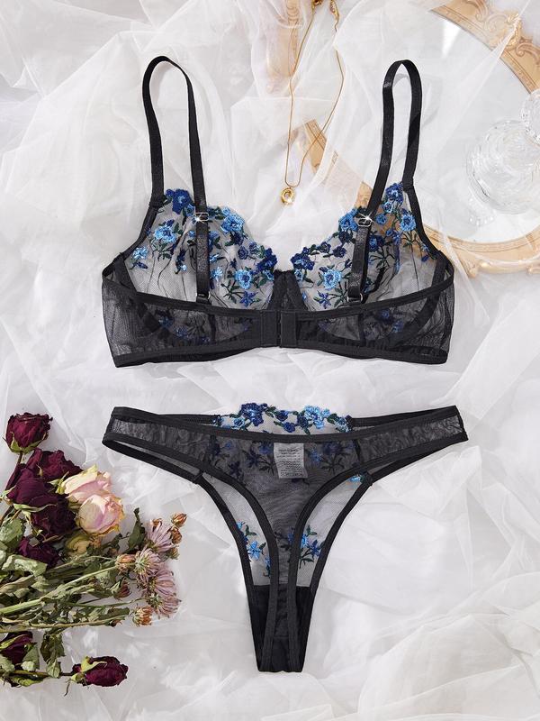 Women's Floral Embroidery Contrast Mesh Bra & Thong Two-piece Set, Sexy Comfy Breathable Lingerie Set for Daily Wear, Women's Underwear Set for All Seasons