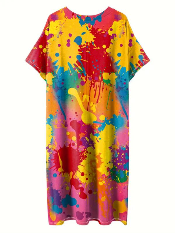  All Over Graffiti Print Pocket Drop Shoulder Lounge Dress, Casual Comfy V Neck Short Sleeve Long Dress for Daily Wear, Women's Sleepwear for All Seasons