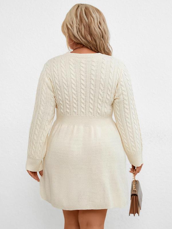  Solid Textured Round Neck Sweater Dress, Casual Long Sleeve A Line Dress for Fall & Winter, Women's Clothes for Daily Wear