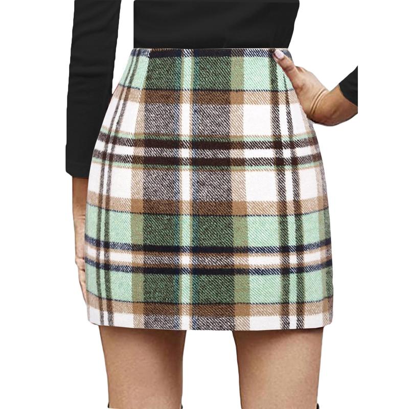 Women's Bodycon Mini Skirt, Classic Plaid Print High Waist Zip Up Wool Pencil Skirt