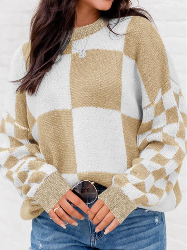 Plus Size Vintage Plaid Print Drop Shoulder Sweater, Casual Long Sleeve Round Neck Jumper for Fall, Women's Plus Size Knitwear for Daily Wear, Sweaters for Women, Plus Size Outfit, Fall Clothing Women, Fall Outfits, Fall Essentials