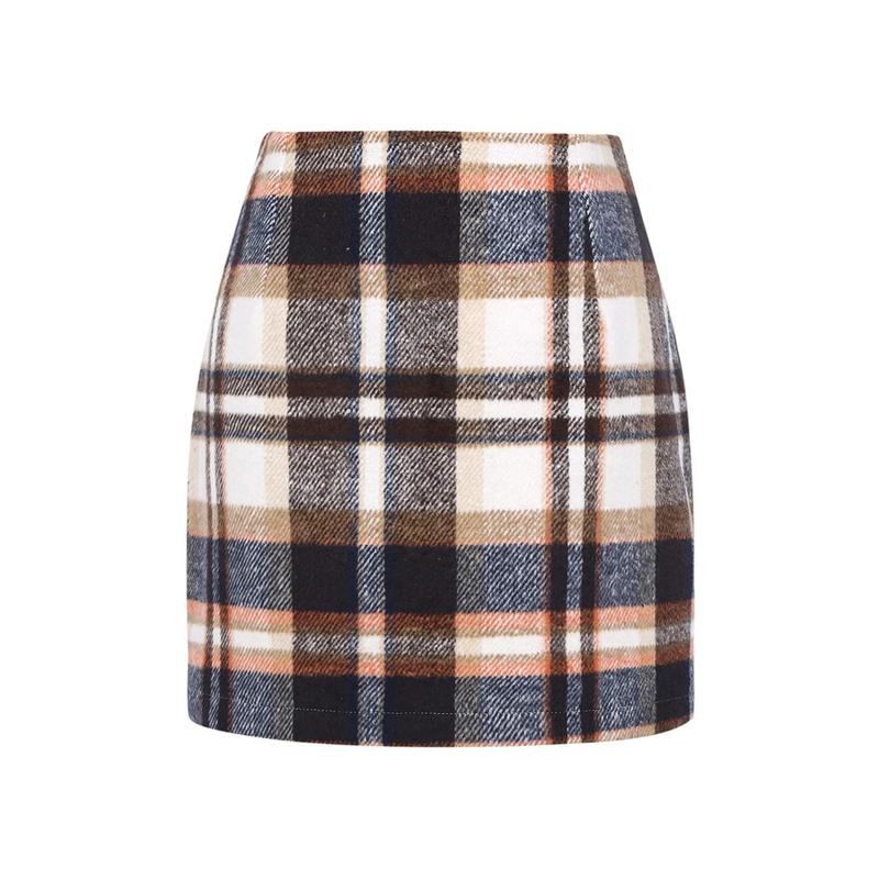 Women's Bodycon Mini Skirt, Classic Plaid Print High Waist Zip Up Wool Pencil Skirt