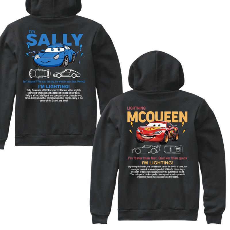 Couple's Matching 1sides Hoodie, I'm McQueen Hoodie, I'm Sally Hoodie, Cartoon Car Graphic Hoodie, Fun Couple Apparel, Cute Matching Shirts, Casual Couple Wear