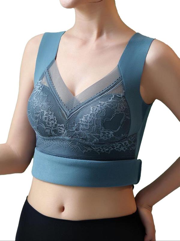 Women's Solid Floral Lace Thermal Underwear Top, Casual Comfy Contrast Mesh Sheer Thermal Top for Fall & Winter, Women's Underwear for Daily Wear