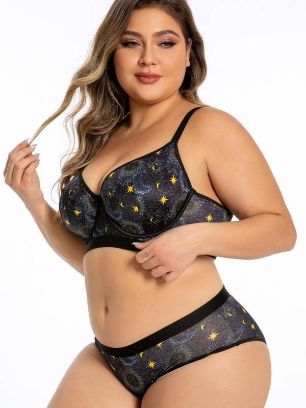 Plus Size Galaxy Print Push Up Bra & Tape Panty Two-piece Set, Casual Comfy Breathable Bra & Knicker for Daily Wear, Women's Underwear Set for All Seasons