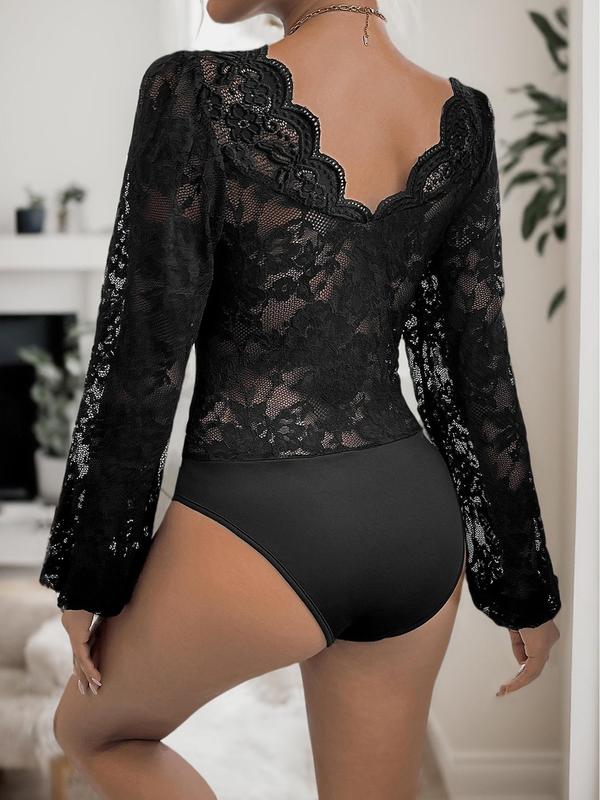 Women's Plain Sheer Lace Deep V Neck Bodysuit, Sexy Scallop Trim Bishop Sleeve Bodysuit for Daily Wear, Ladies Clothes for All Seasons