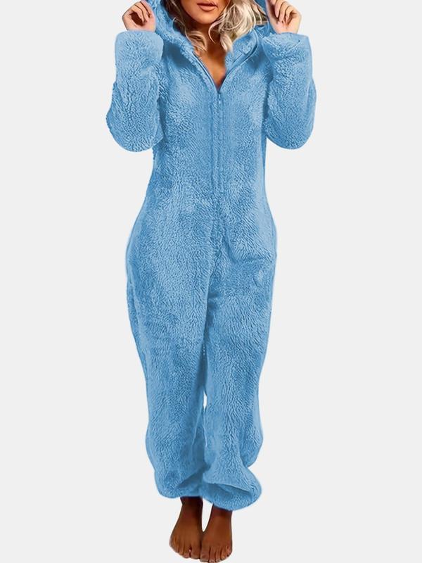 Women's Solid Zipper Hooded Plush Pajama Jumpsuit, Casual Long Sleeve Teddy Bear Ear Design Jumpsuit for Fall & Winter, Women's Sleepwear for Indoor Wear, Fluffy Pajamas Onesies Pajama