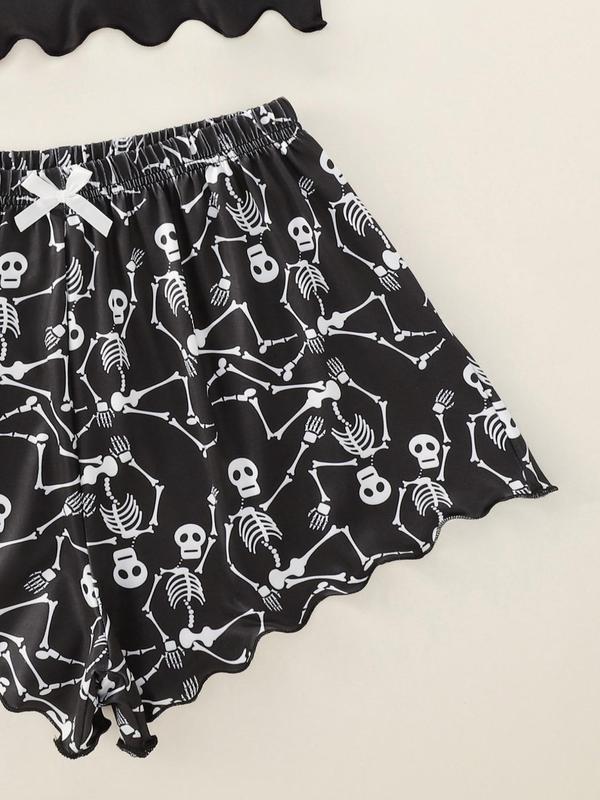 Women's Halloween Skull Print Summer Lounge Co-ord Set, Casual Crop Cami Top & Bow Front Elastic Waist Shorts, Halloween Pajamas, Summer Pajama Set, Summer Wear 2024, Women Nightwear, 90s Clothes, Spirit Halloween 2024