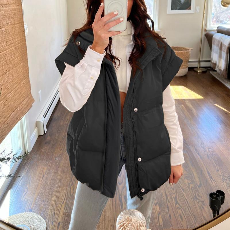 Hixiaohe Womens Casual Oversized Puffer Vest Stand Collar Full Zip Sleeveless Bubble Puffer Vest Quilted Padded Warm Coat Outwear