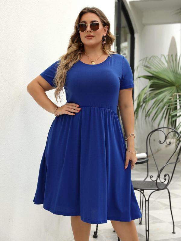  Plus Plain Pocket Round Neck Tee Dress, Summer Clothes Women, Women's Casual Short Sleeve A Line Dress for Summer, Dresses for Women, Lady Clothing for Daily Wear