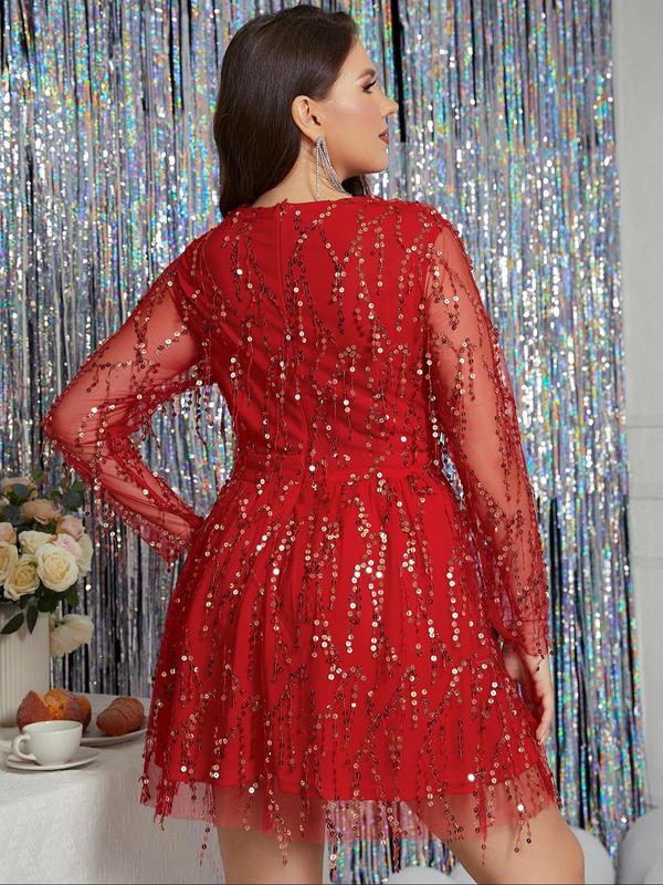 Plus Size Glitter Sequin Deep V Neck Sheer A Line Party Dress, Sexy Womenswear, Elegant Long Sleeve Short Dress for Party & Banquet, Women's Plus Size Clothes for Spring & Fall, Dresses for Women, Plus Size Dress Christmas