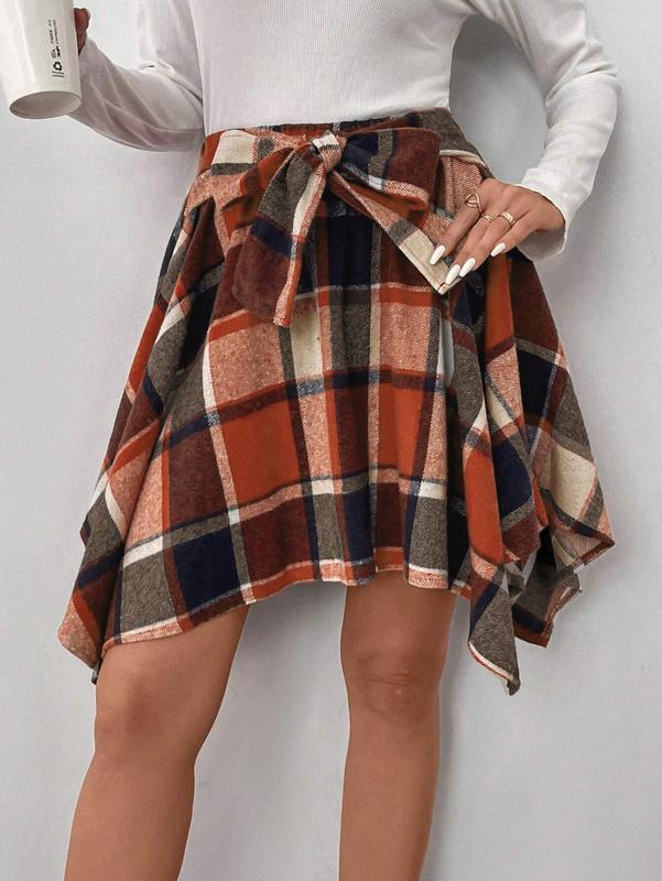 Women's Plaid Print AsymmetricalHem Skirt, Casual High Waist Short Skirtfor Fall & Winter, Women's Bottoms forDaily Wear