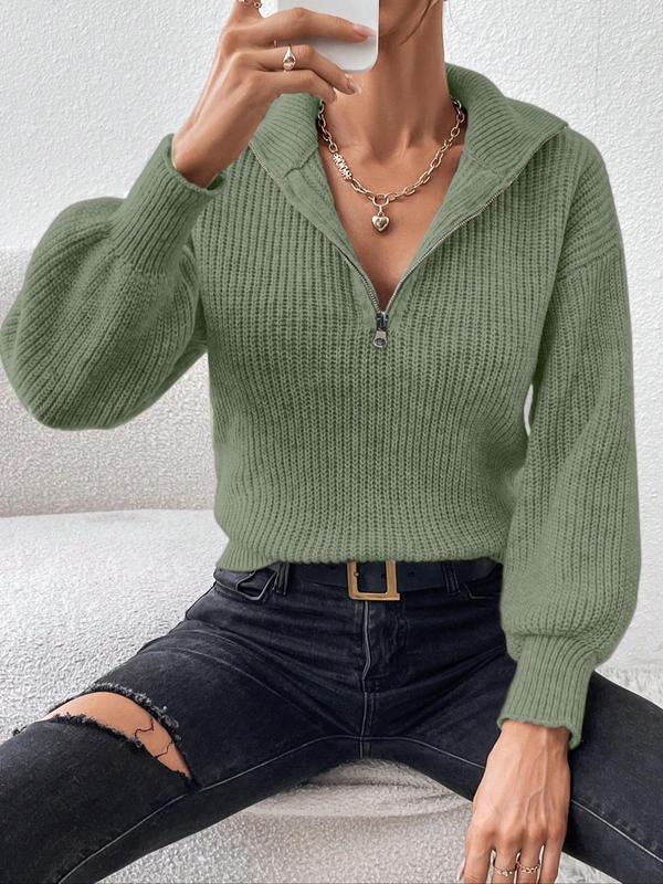 Women's Plain Half Zip Drop Shoulder Sweater, Casual Long Sleeve Collared Jumper for Spring & Fall, Fashion Women's Knitwear for Daily Wear, Fall Outfits, Fallfreshness, Vintage Clothing, Sweaters for Women, Fall Women's Clothing