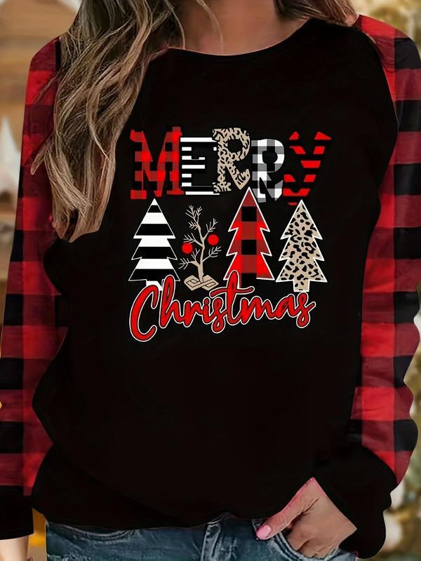  Christmas Tree & Plaid Print Raglan Sleeve Tee, Casual Long Sleeve Round Neck T-shirt for Spring & Fall, Women's Clothing for Daily Wear