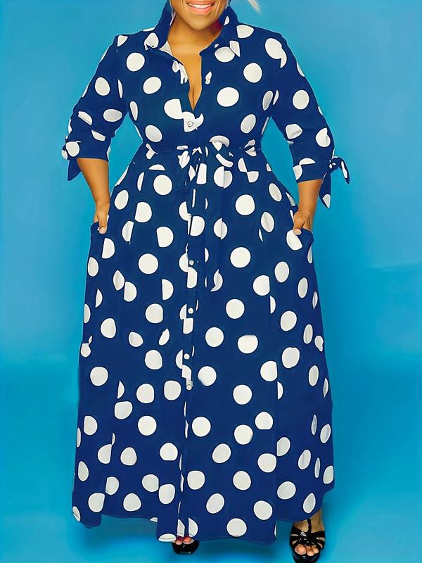 Plus Size Polka Dot Print Belted Button Front Shirt Dress, Elegant 3 4 Sleeve Tie Front High Waist Long Dress for Vacation Holiday Party, Women's Clothes for Summer, Back To School Outfit Moo Moo Dresses