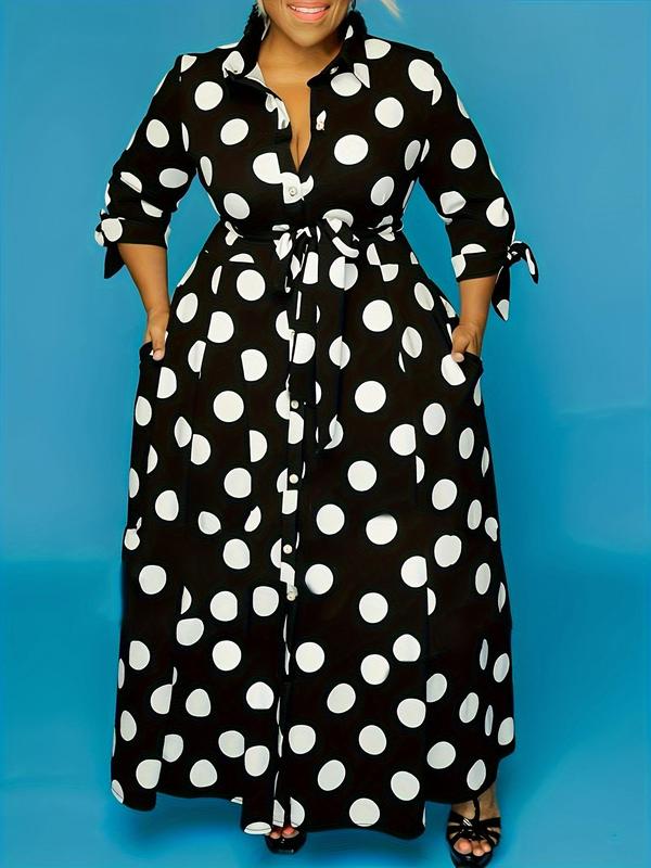 Plus Size Polka Dot Print Belted Button Front Shirt Dress, Elegant 3 4 Sleeve Tie Front High Waist Long Dress for Vacation Holiday Party, Women's Clothes for Summer, Back To School Outfit Moo Moo Dresses