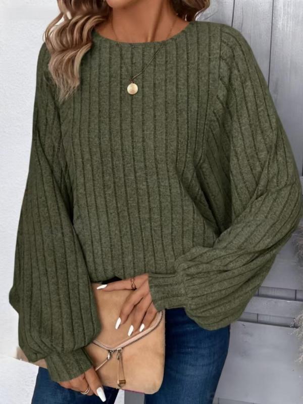 Women's Plain Ribbed Lantern Sleeve Sweater T-shirts, Casual Long Sleeve Round Neck T-shirts for Fall & Winter, Fashion Ladies' Knit Tops for Daily Wear