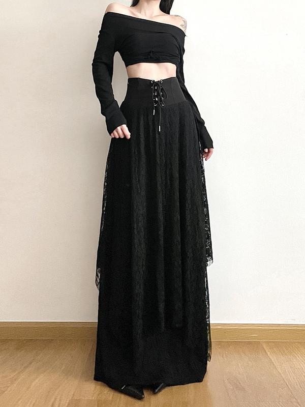 Women's Goth Solid Color Tiered Layer Asymmetrical Hem Maxi Lace Skirt, Street Fashion Y2K Lace Up Grommet Eyelet High Waist A Line Skirt for Daily Outdoor Wear, Ladies Bottoms for All Seasons