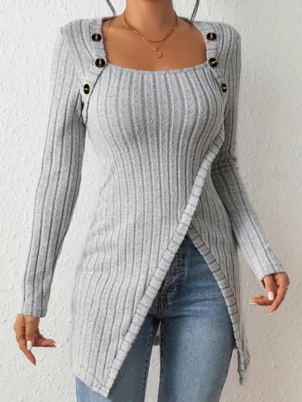 Plus Size Solid Textured Button Asymmetrical Knit Top, Casual Long Sleeve Square Neck Jumper for Daily Outdoor Wear, Women Plus Clothing for All Seasons