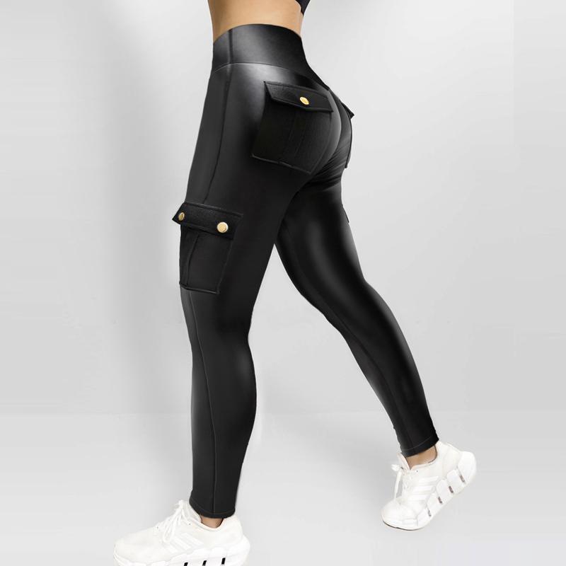 ChicMe Leather Pants for Women High Waist Cargo Pockets Stretch Pants Leather Leggings