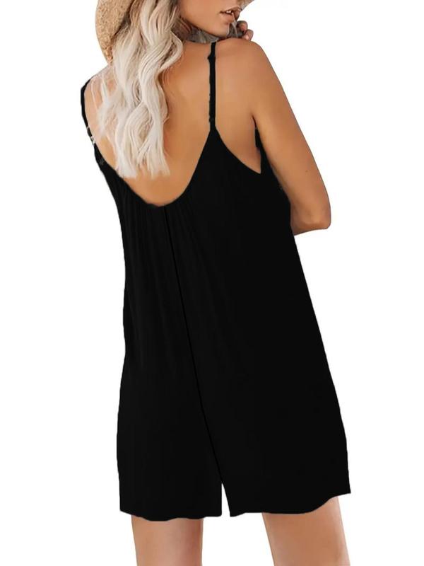 Women's Solid Backless Cami Romper, Casual Spaghetti Strap Sleeveless Romper,  Rompers for Women, Summer Clothes Women, Women's Jumpsuit for Beach Holiday, Jumpsuit for Women