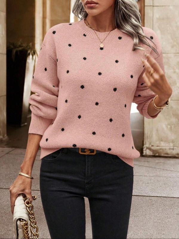 Women's Polka Dot Print Drop Shoulder Sweater, Casual Long Sleeve Round Neck Jumper for Fall & Winter, Fall Clothes, Pullover Sweaters for Women, Fashion Ladies' Knitwear for Daily Wear, Fall Outfits, Fallfreshness, Vintage Clothing, Preppy 80s Clothes