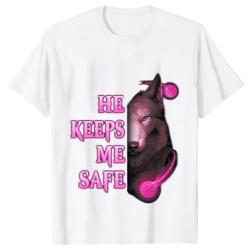 She Keeps Me Strong He Keeps Me Safe Couple Matching T Shirt Wolf Couple T Shirt Casual Black LOVER Shirt Tops