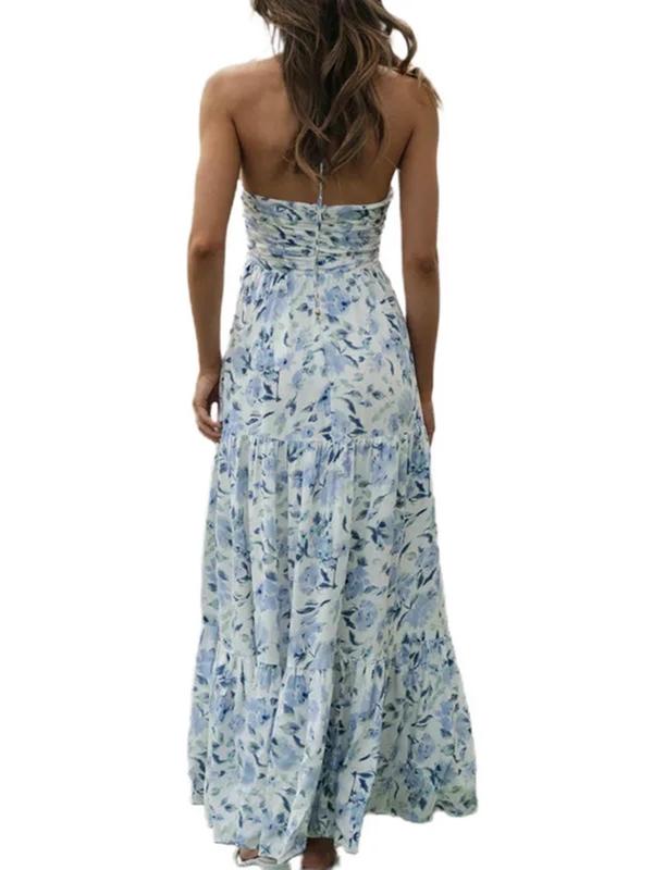 Women's Ditsy Floral Print Ruched Tie Back Cami Dress, Elegant Sleeveless Halter Neck Long Dress for Beach Holiday Vacation, Ladies Vintage Clothing for All Seasons