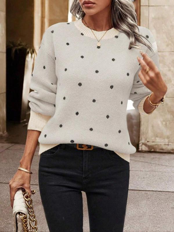 Women's Polka Dot Print Drop Shoulder Sweater, Casual Long Sleeve Round Neck Jumper for Fall & Winter, Fall Clothes, Pullover Sweaters for Women, Fashion Ladies' Knitwear for Daily Wear, Fall Outfits, Fallfreshness, Vintage Clothing, Preppy 80s Clothes