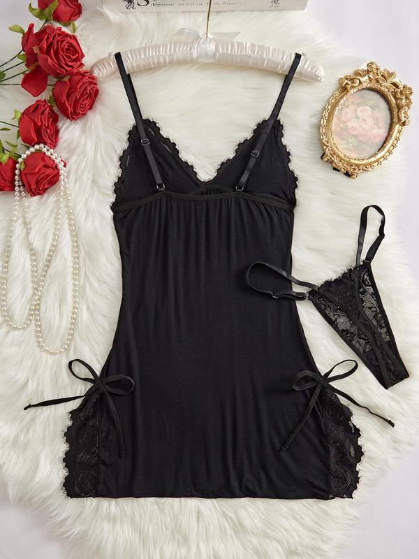 Women's Contrast Lace Cami Nightdress & Thong Set, Adjustable Spaghetti Strap Nighty Dress & Panty Set, Women's Sleepwear & Loungewear Set