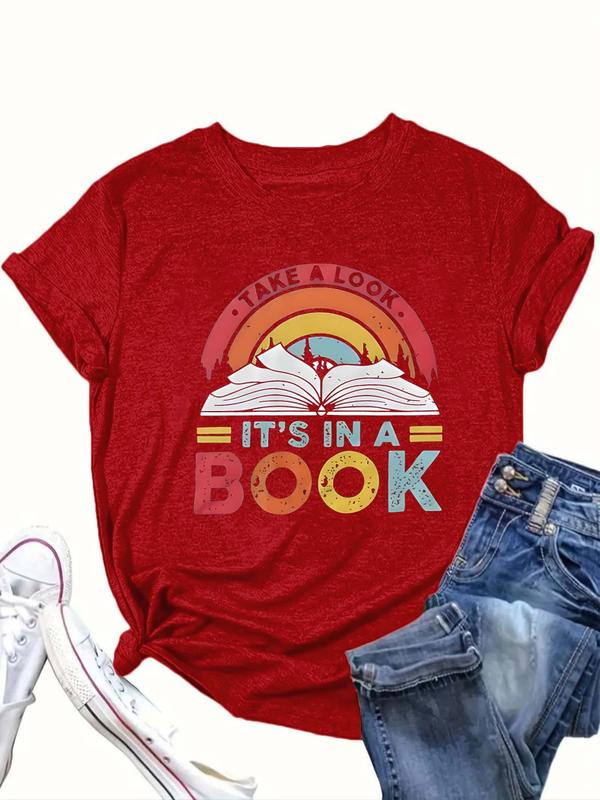  Book & Letter Print Round Neck Tee, Fashion Casual Crew Neck Short Sleeve T-Shirt for Daily Outdoor Wear, Women Tops for All Seasons