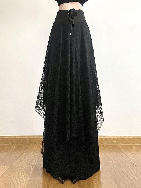 Women's Goth Solid Color Tiered Layer Asymmetrical Hem Maxi Lace Skirt, Street Fashion Y2K Lace Up Grommet Eyelet High Waist A Line Skirt for Daily Outdoor Wear, Ladies Bottoms for All Seasons