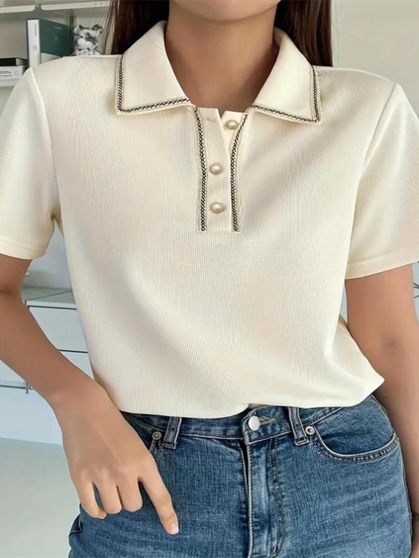 Women's Contrast Trim Short Sleeve Polo Neck Tee, Casual Half Button Collared T-Shirt for Spring & Fall, Women's Fashion Top for Daily Wear