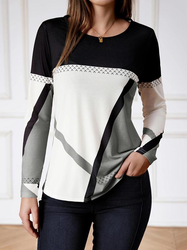 Women's Colorblock Geometric Print Long Sleeve Tee, Casual Round Neck Top for Spring & Fall, Women's Clothing for Daily Wear, T Shirts for Women