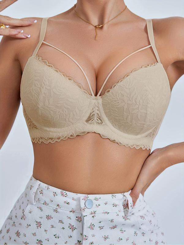 Contrast Lace Push Up Bra, Comfy & Breathable Cut Out Bra, Women's Lingerie & Underwear