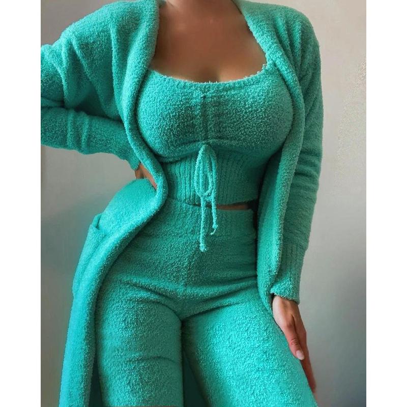 Autumn and Winter New Women's Fashion Casual Plush Lace-up Cardigan 3-Piece Trousers Suit knit  material barefoot dreams blanket