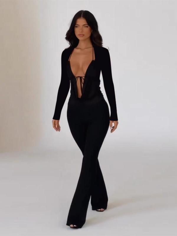 Women's Solid Cut Out Backless Jumpsuit, Casual Deep V Neck Long Sleeve Jumpsuit for Spring & Fall, Women's Clothes for Daily Wear