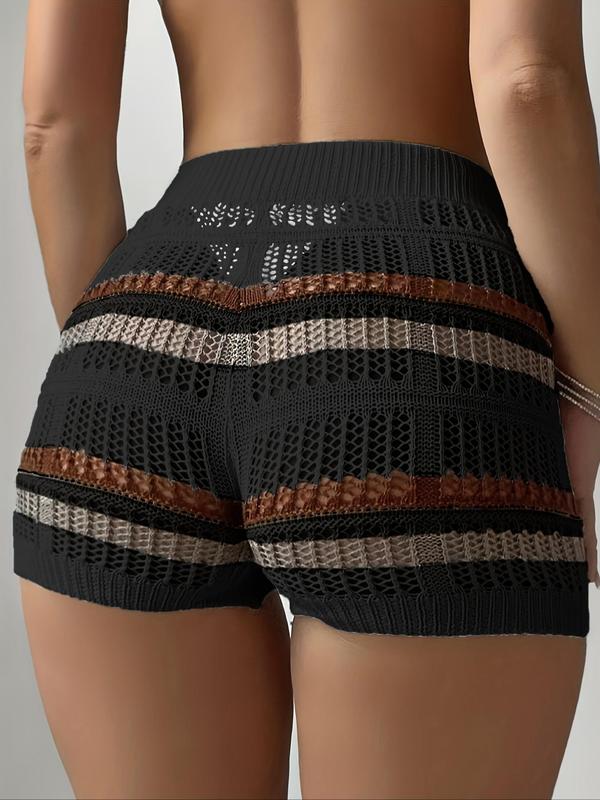 Women's Striped Print Drawstring Waist Sweater Shorts, Casual Hollow Out Knit Shorts for Summer, Women's Bottoms for Daily Wear